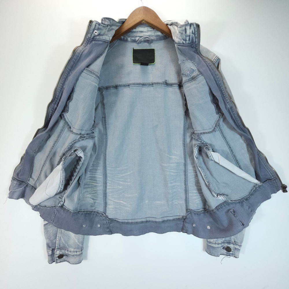 Smoke Rise Denim Jacket Mens Medium Blue Streetwear Y2K Distressed Moto Zip Up - Picture 8 of 11